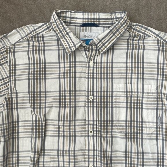 Columbia Shirt Mens XXL Plaid Button Down 100% Cotton Office Casual Gray Tan - Picture 2 of 8